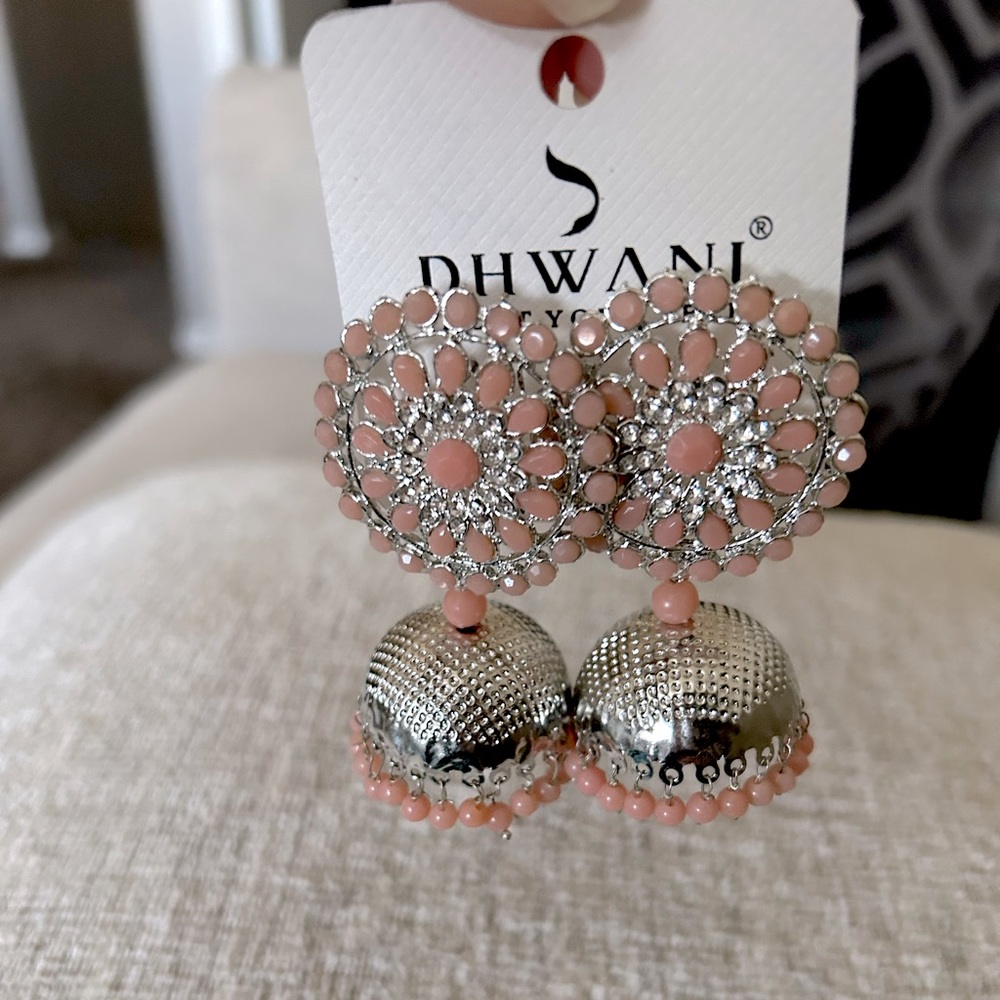 Pink and silver Indian Jhumka with faux pearl